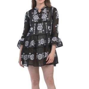 PQ Swim Embroidered Black White Sheer Cover Up Mini Dress XS/S